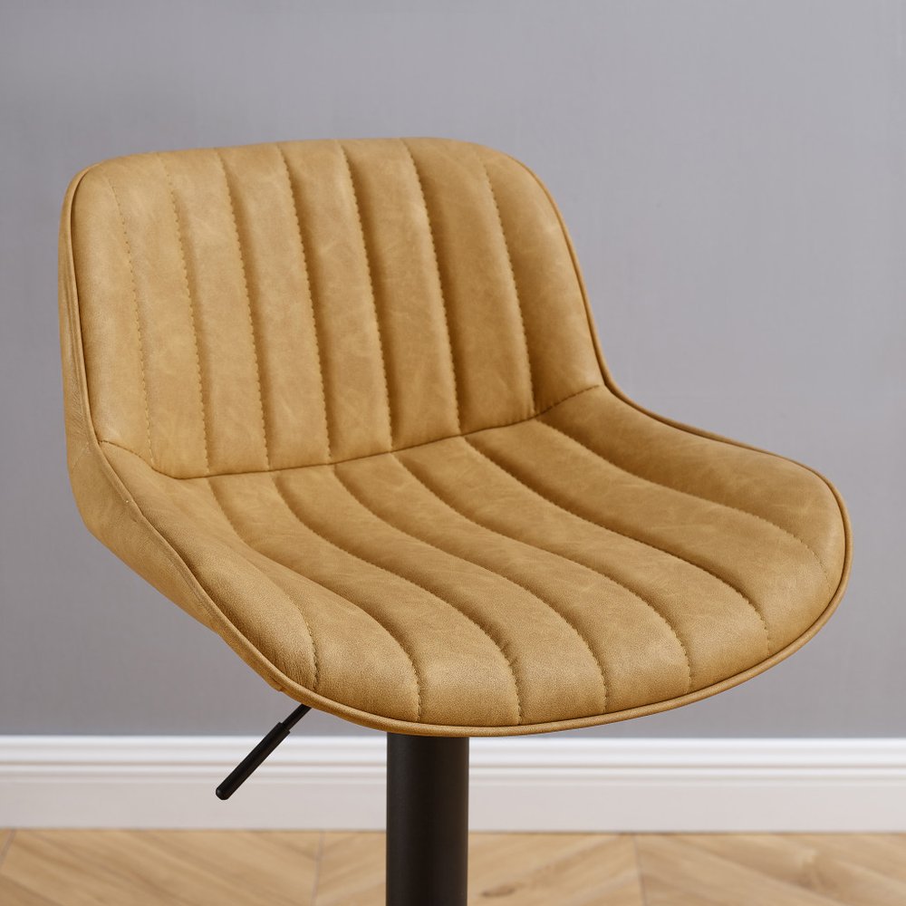 Set of Two Yellow And Black Faux Leather And Steel Low Back Adjustable Height Swivel Bar Chairs HomeRoots