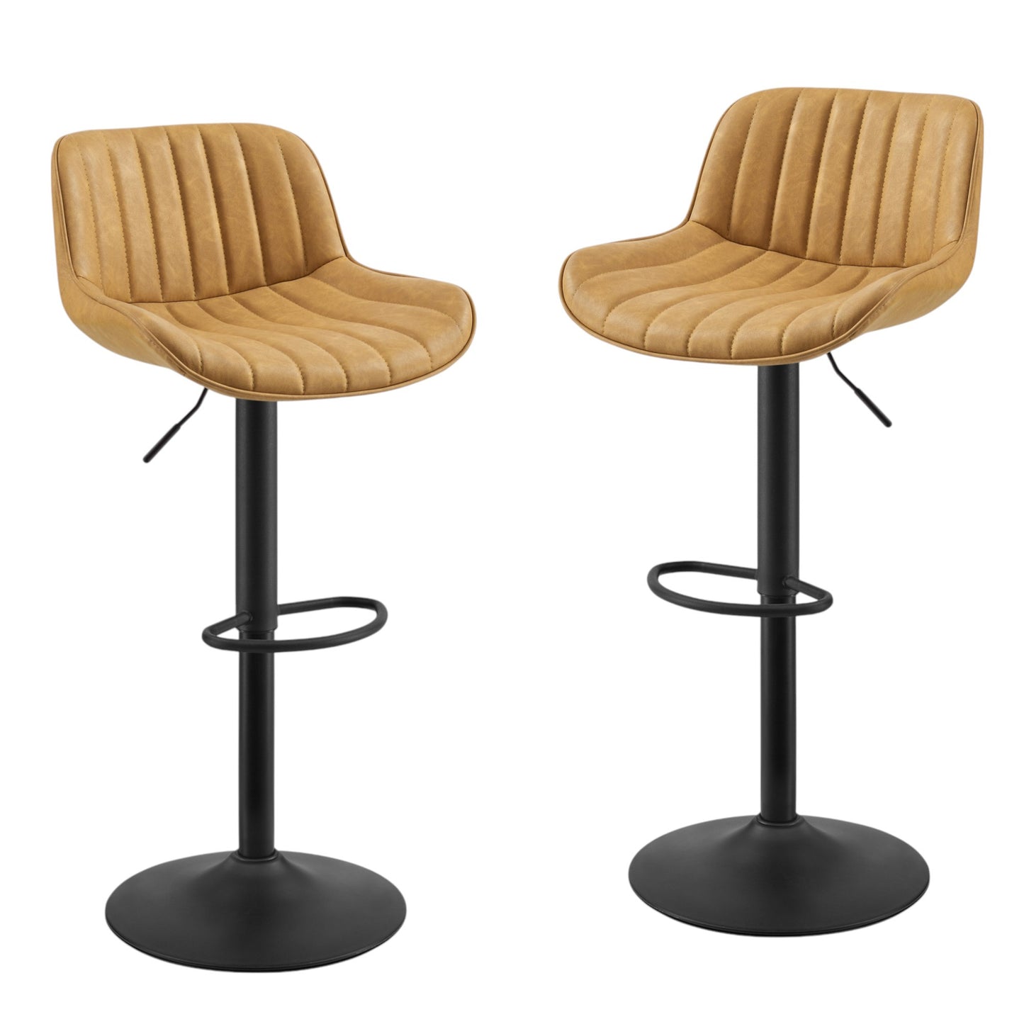 Set of Two 31" Yellow And Black Faux Leather And Steel Swivel Low Back Adjustable Height Bar Chairs