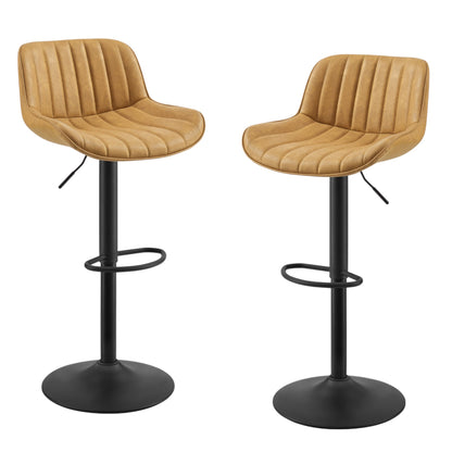 Set of Two 31" Yellow And Black Faux Leather And Steel Swivel Low Back Adjustable Height Bar Chairs