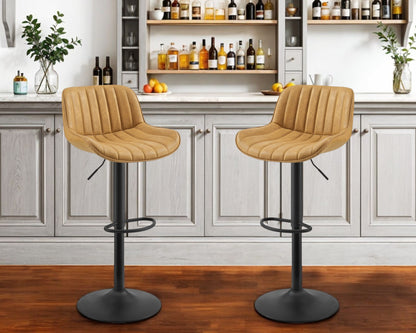 Set of Two 31" Yellow And Black Faux Leather And Steel Swivel Low Back Adjustable Height Bar Chairs