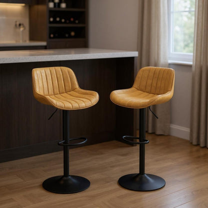 Set of Two 31" Yellow And Black Faux Leather And Steel Swivel Low Back Adjustable Height Bar Chairs HomeRoots