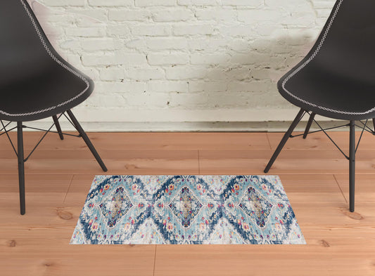 2' X 3' Blue And Beige Oriental Washable Non Skid Area Rug - 48.0" (L) x 72.0" (W) x 1.0" (H)