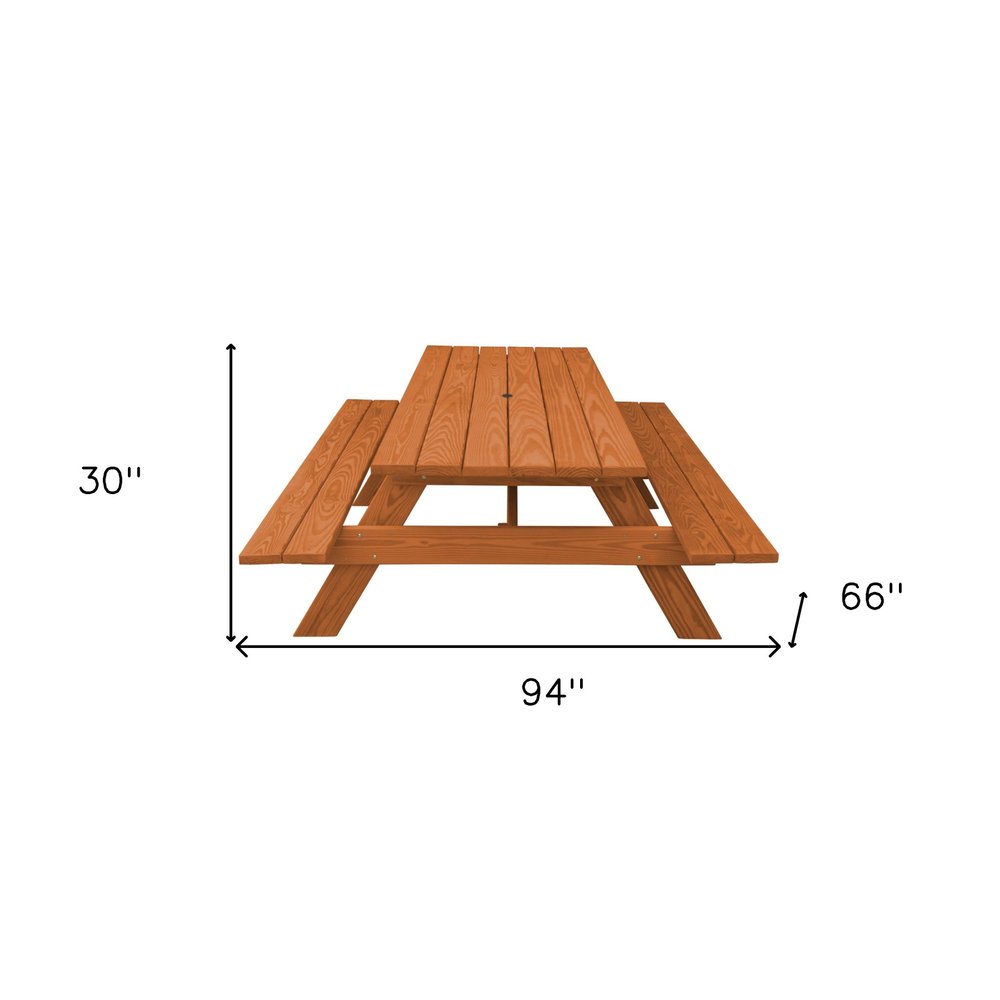 94" Brown Solid Wood Outdoor Picnic Table with Umbrella Hole HomeRoots