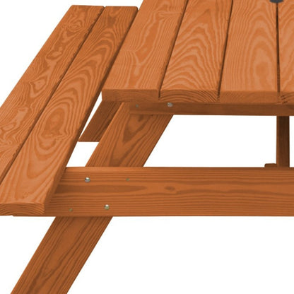 94" Brown Solid Wood Outdoor Picnic Table with Umbrella Hole HomeRoots