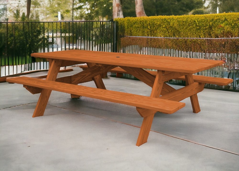94" Brown Solid Wood Outdoor Picnic Table with Umbrella Hole HomeRoots
