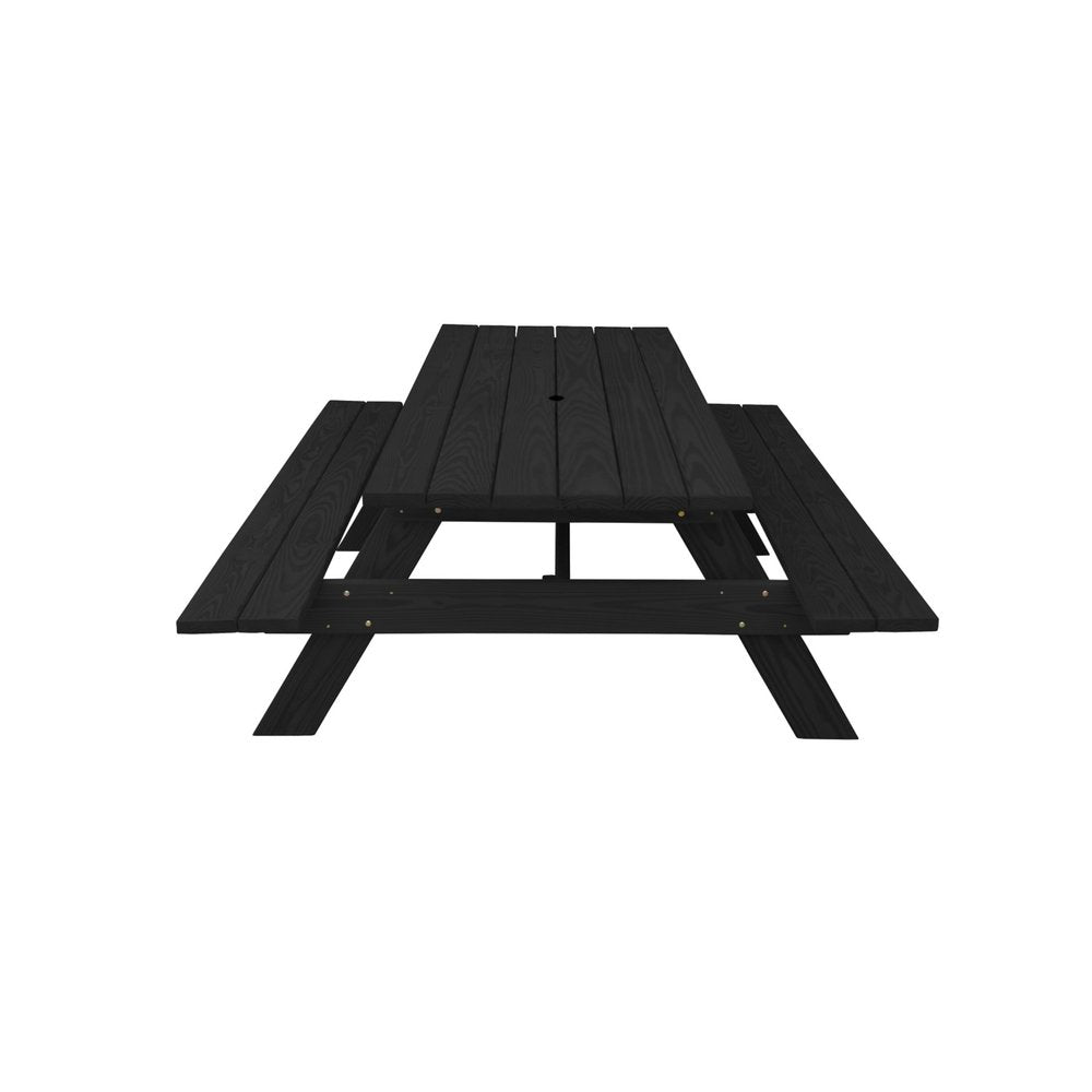 Black Solid Wood Dining Set with Two Benches With Umbrella Hole HomeRoots
