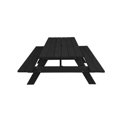 Black Solid Wood Dining Set with Two Benches With Umbrella Hole HomeRoots