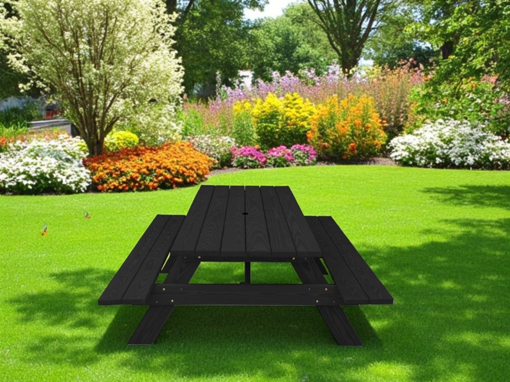Black Solid Wood Dining Set with Two Benches With Umbrella Hole HomeRoots