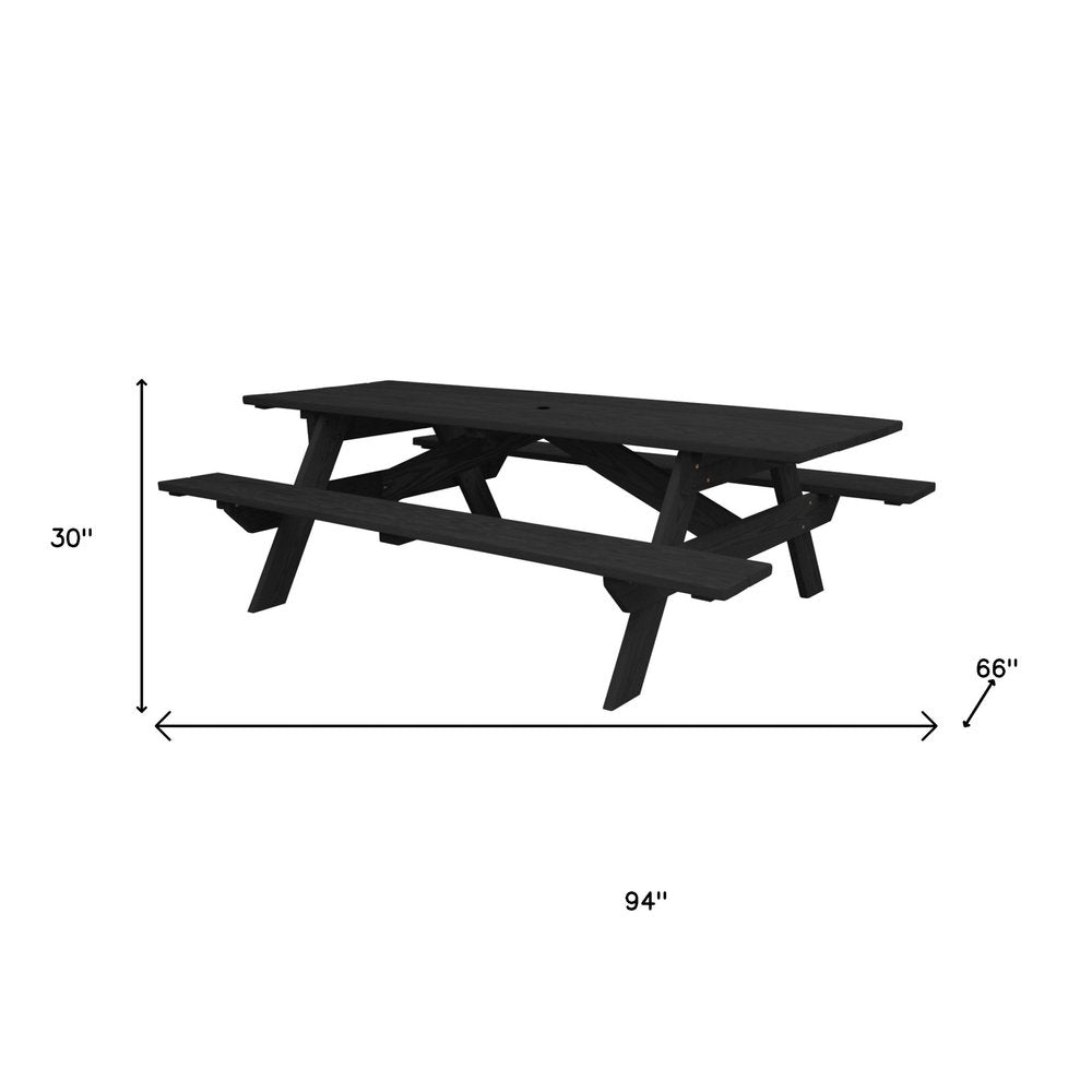 Black Solid Wood Dining Set with Two Benches With Umbrella Hole HomeRoots
