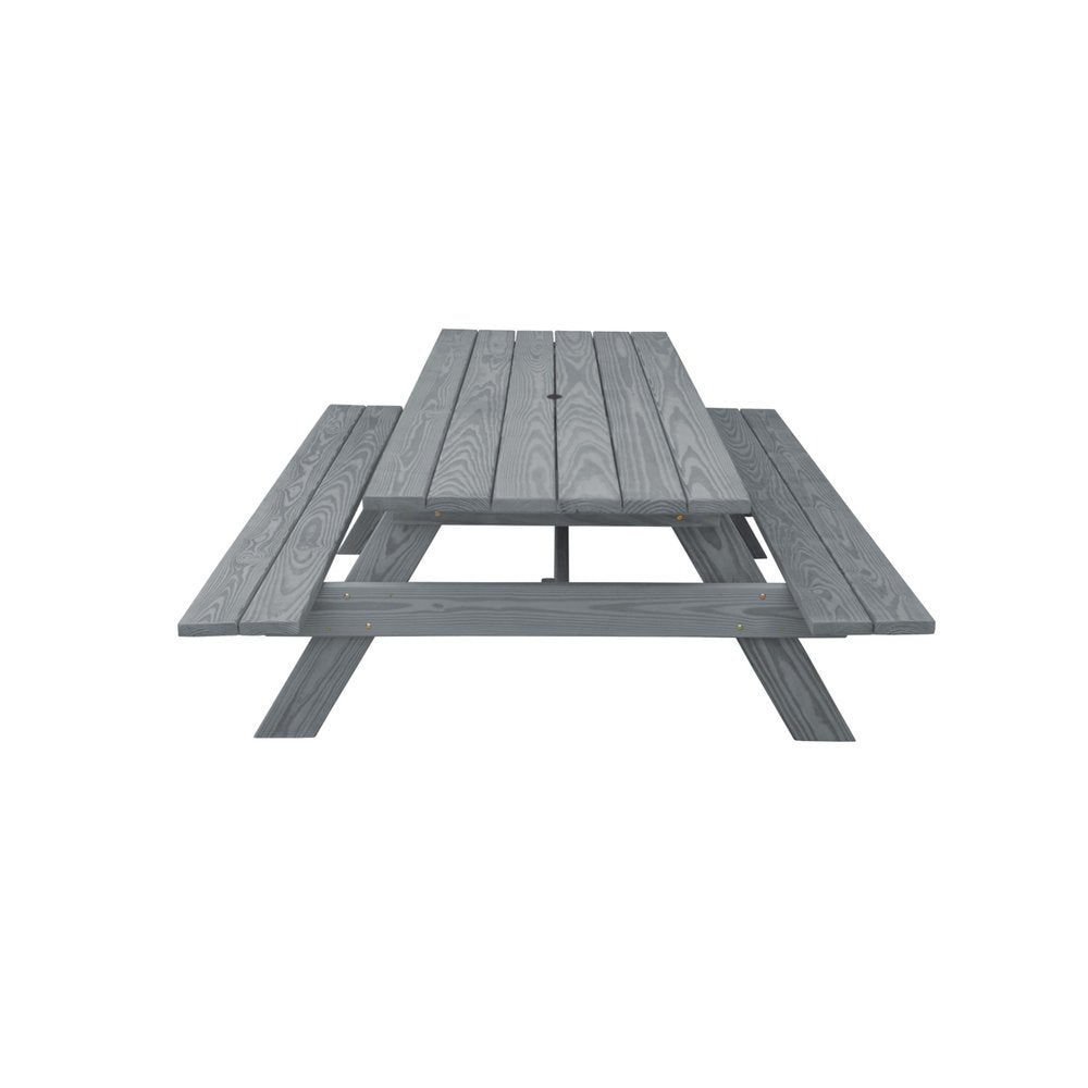 94" Gray Solid Wood Outdoor Picnic Table with Umbrella Hole HomeRoots