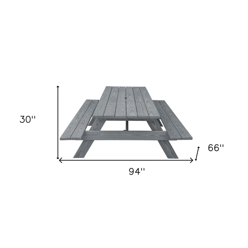 94" Gray Solid Wood Outdoor Picnic Table with Umbrella Hole HomeRoots