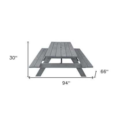 94" Gray Solid Wood Outdoor Picnic Table with Umbrella Hole HomeRoots