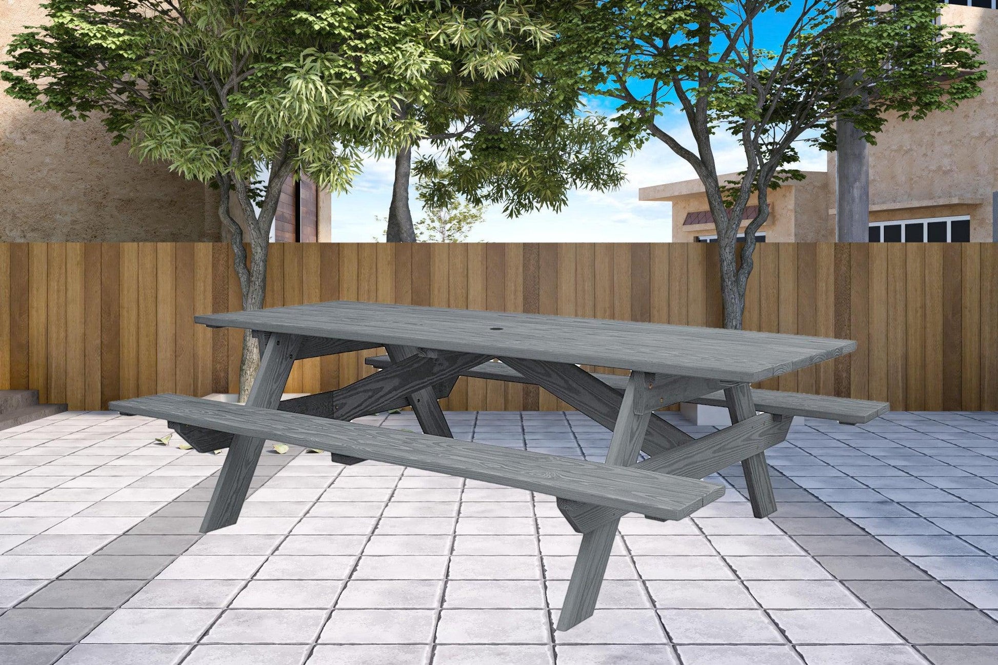 94" Gray Solid Wood Outdoor Picnic Table with Umbrella Hole - FurniFindUSA