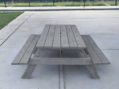 94" Gray Solid Wood Outdoor Picnic Table with Umbrella Hole HomeRoots
