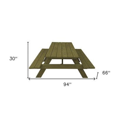94" Green Solid Wood Outdoor Picnic Table with Umbrella Hole HomeRoots
