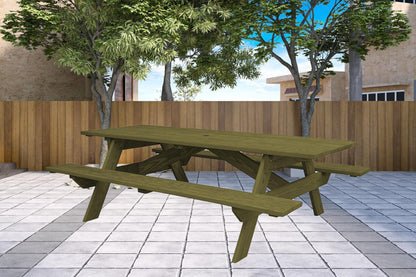 94" Green Solid Wood Outdoor Picnic Table with Umbrella Hole - FurniFindUSA