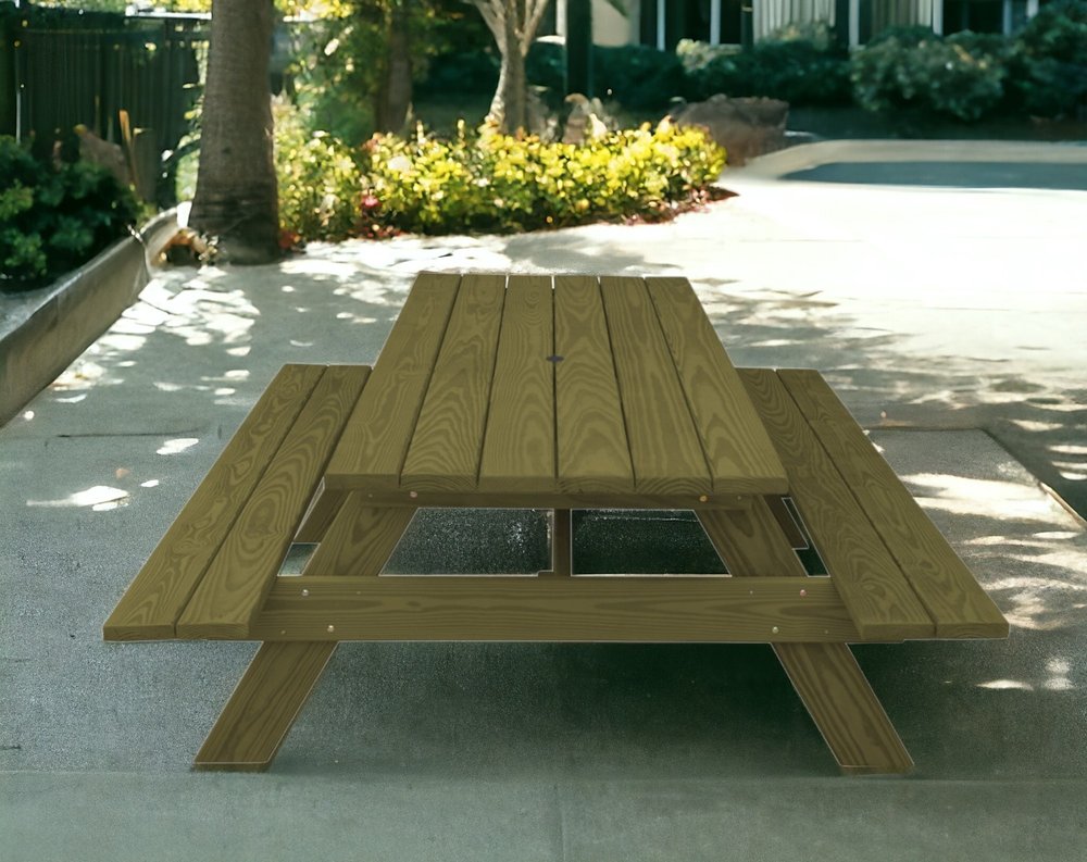 94" Green Solid Wood Outdoor Picnic Table with Umbrella Hole HomeRoots
