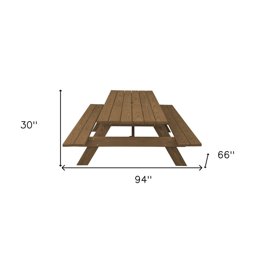 94" Brown Solid Wood Outdoor Picnic Table with Umbrella Hole HomeRoots