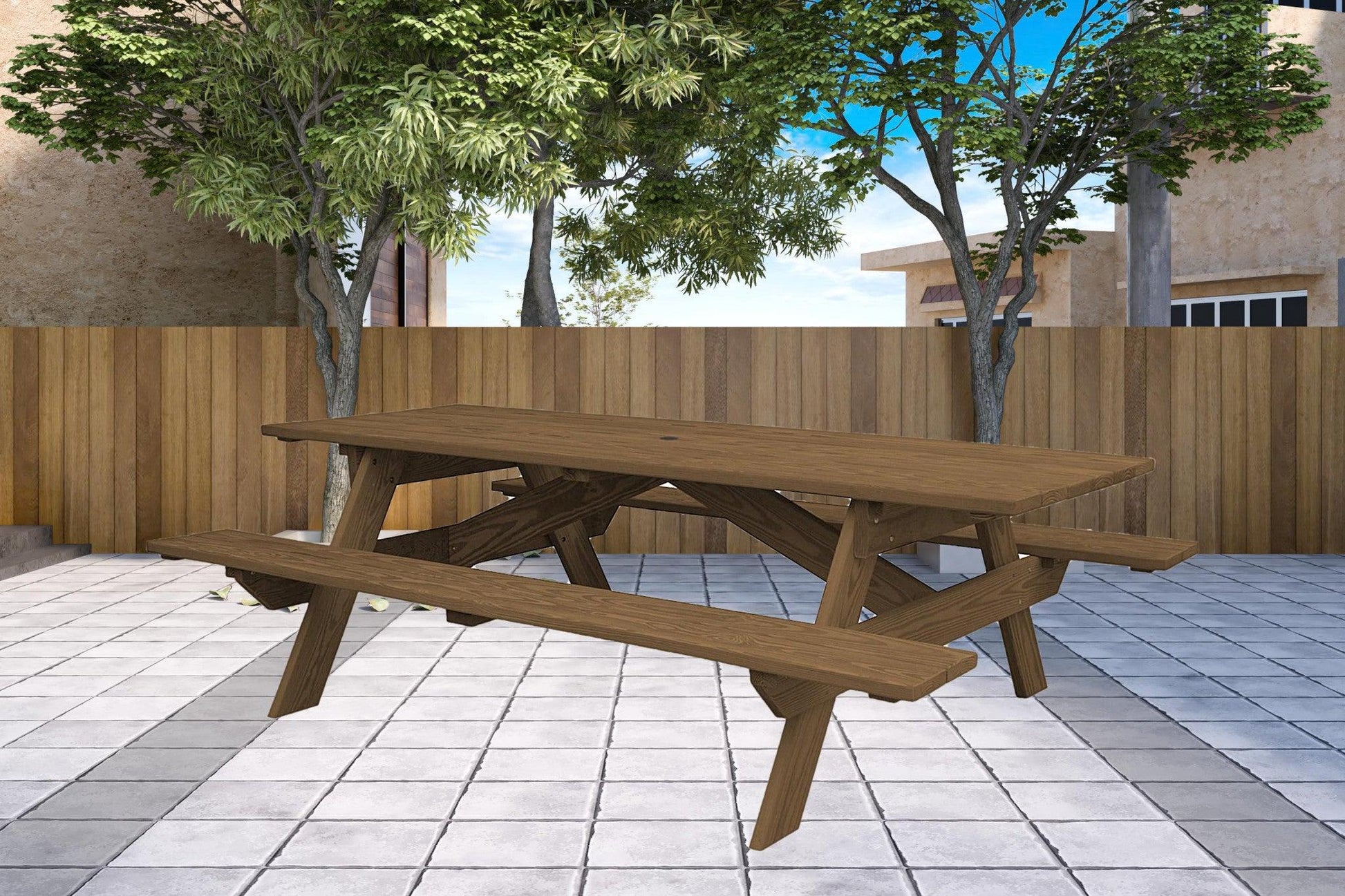 94" Wood Brown Solid Wood Outdoor Picnic Table with Umbrella Hole - FurniFindUSA