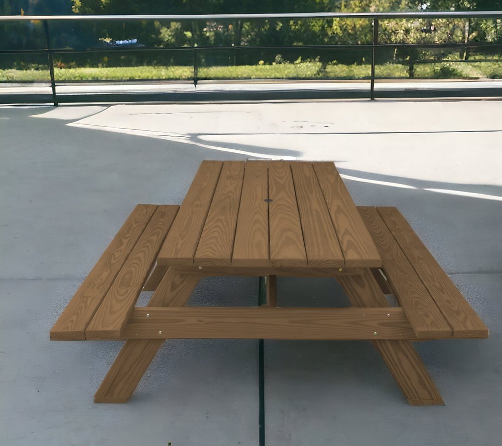 94" Brown Solid Wood Outdoor Picnic Table with Umbrella Hole HomeRoots