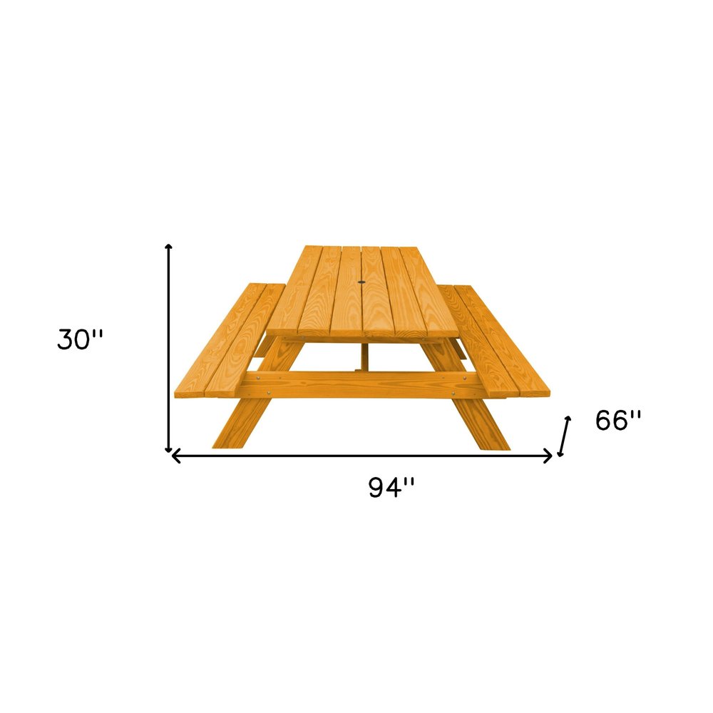 94" Natural Solid Wood Outdoor Picnic Table with Umbrella Hole HomeRoots