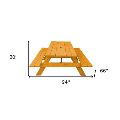94" Natural Solid Wood Outdoor Picnic Table with Umbrella Hole HomeRoots