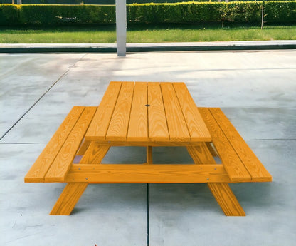 94" Natural Solid Wood Outdoor Picnic Table with Umbrella Hole HomeRoots