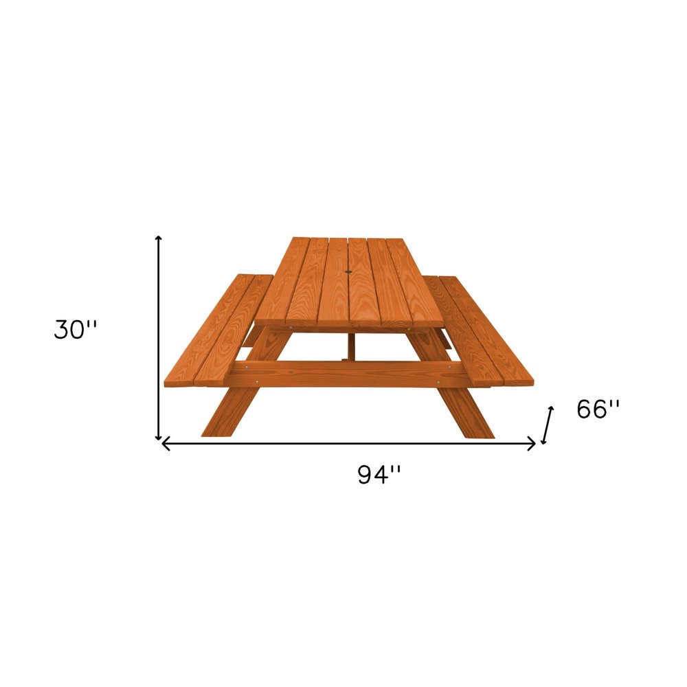 94" Brown Solid Wood Outdoor Picnic Table with Umbrella Hole HomeRoots