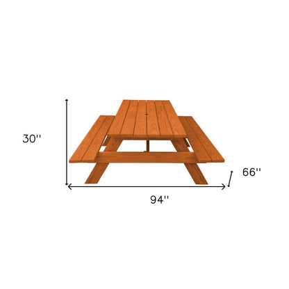 94" Brown Solid Wood Outdoor Picnic Table with Umbrella Hole HomeRoots