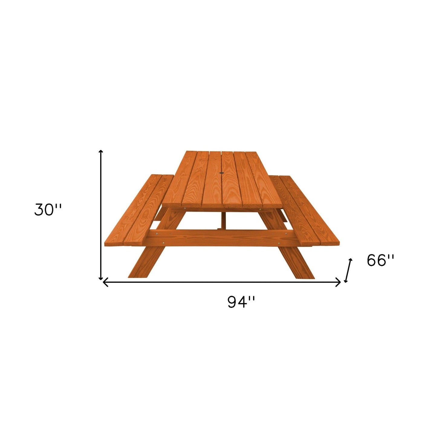 94" Redwood Solid Wood Outdoor Picnic Table with Umbrella Hole - FurniFindUSA