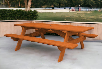 94" Redwood Solid Wood Outdoor Picnic Table with Umbrella Hole