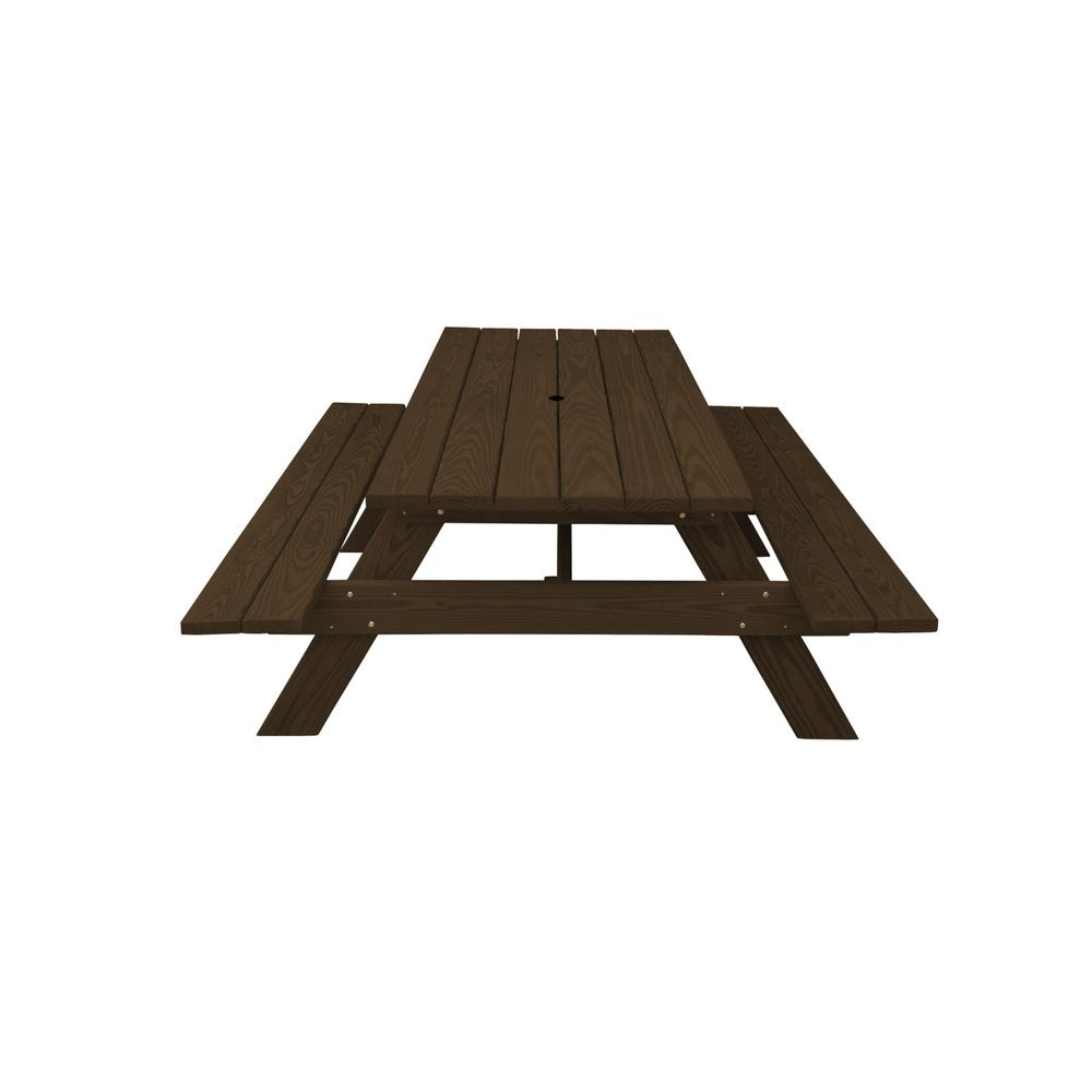94" Dark Brown Solid Wood Outdoor Picnic Table with Umbrella Hole HomeRoots