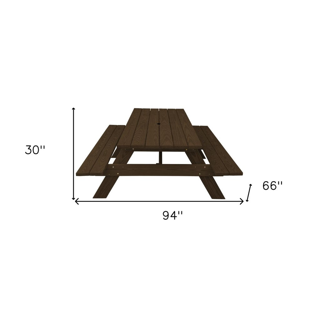 94" Dark Brown Solid Wood Outdoor Picnic Table with Umbrella Hole HomeRoots