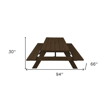94" Dark Brown Solid Wood Outdoor Picnic Table with Umbrella Hole HomeRoots