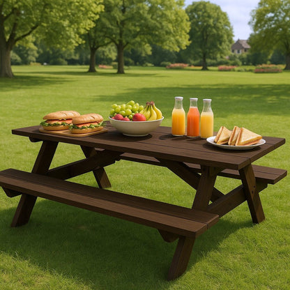 94" Dark Brown Solid Wood Outdoor Picnic Table with Umbrella Hole HomeRoots