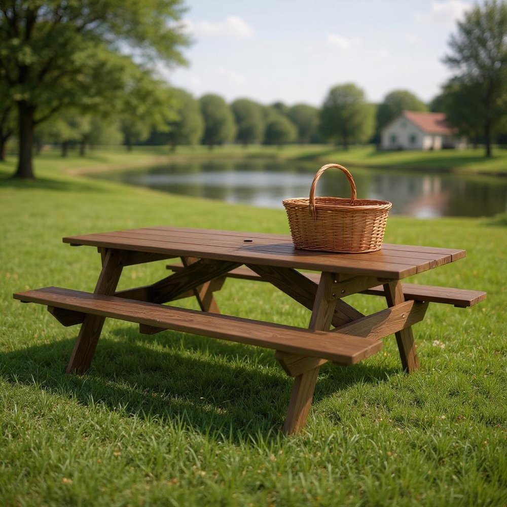 94" Dark Brown Solid Wood Outdoor Picnic Table with Umbrella Hole HomeRoots