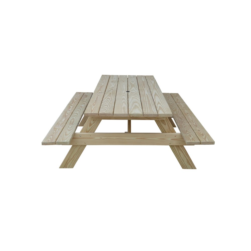 94" Beige Solid Wood Outdoor Picnic Table with Umbrella Hole HomeRoots