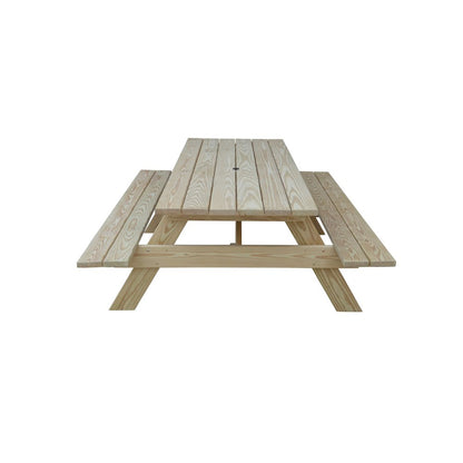 94" Beige Solid Wood Outdoor Picnic Table with Umbrella Hole HomeRoots