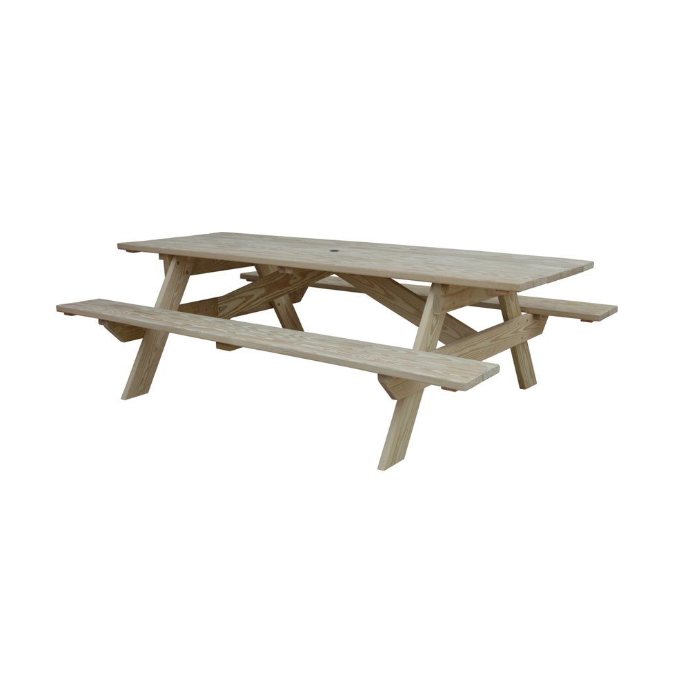 94" Beige Solid Wood Outdoor Picnic Table with Umbrella Hole HomeRoots