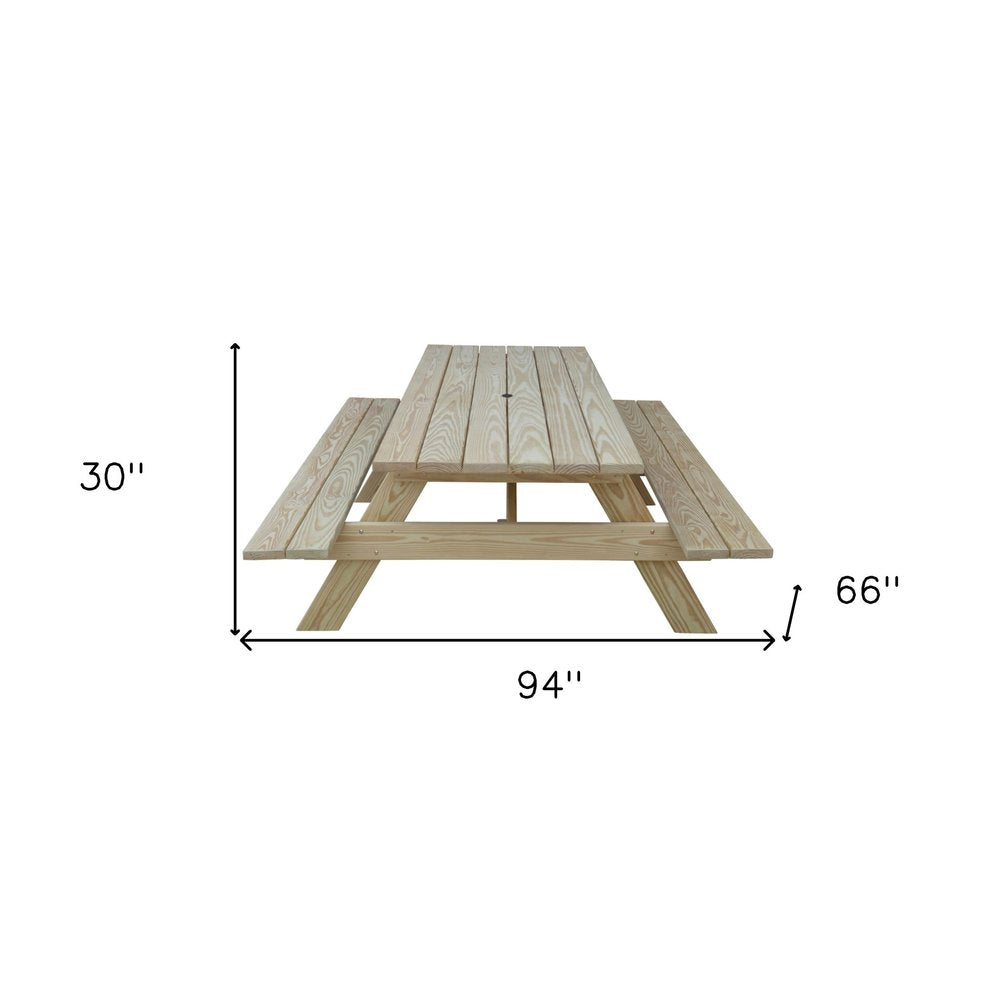 94" Beige Solid Wood Outdoor Picnic Table with Umbrella Hole HomeRoots