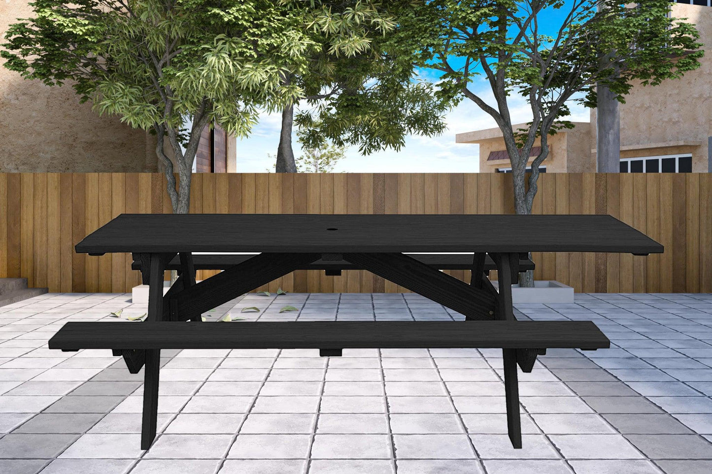 94" Charcoal Solid Wood Outdoor Picnic Table with Umbrella Hole - FurniFindUSA