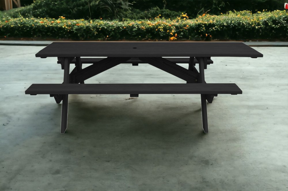 94" Charcoal Solid Wood Outdoor Picnic Table with Umbrella Hole HomeRoots