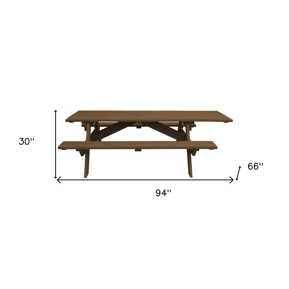 94" Brown Solid Wood Outdoor Picnic Table with Umbrella Hole HomeRoots