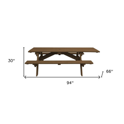 94" Brown Solid Wood Outdoor Picnic Table with Umbrella Hole HomeRoots