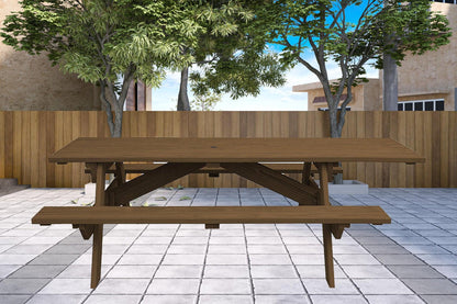 94" Wood Brown Solid Wood Outdoor Picnic Table with Umbrella Hole - FurniFindUSA