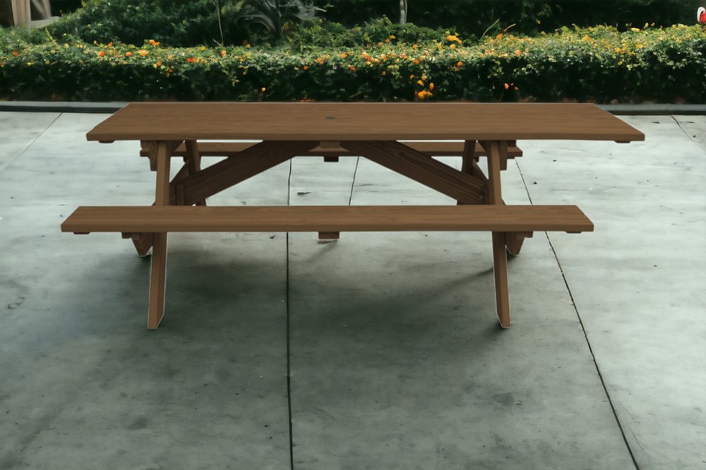 94" Brown Solid Wood Outdoor Picnic Table with Umbrella Hole HomeRoots