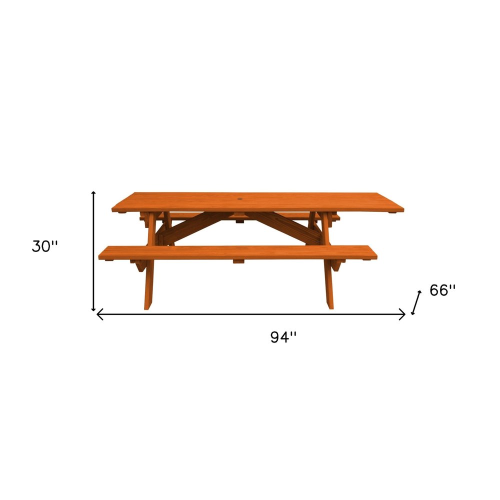 94" Redwood Solid Wood Outdoor Picnic Table with Umbrella Hole HomeRoots