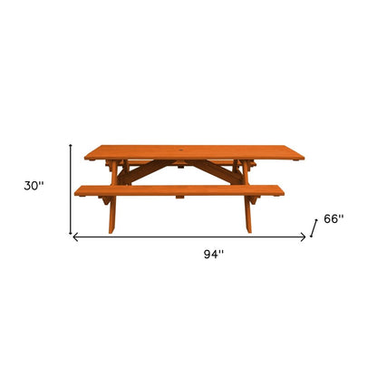 94" Redwood Solid Wood Outdoor Picnic Table with Umbrella Hole HomeRoots