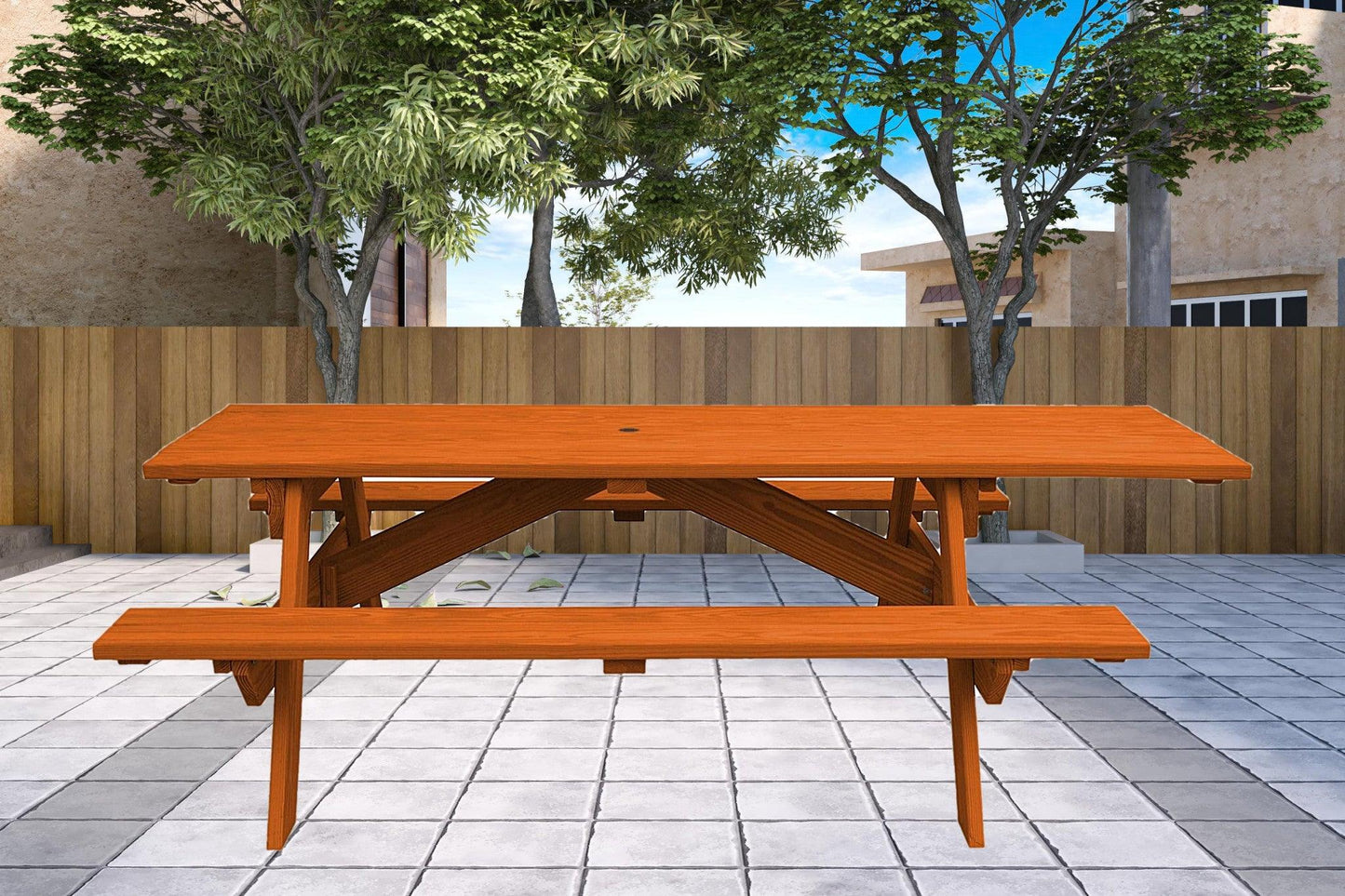 94" Redwood Solid Wood Outdoor Picnic Table with Umbrella Hole - FurniFindUSA