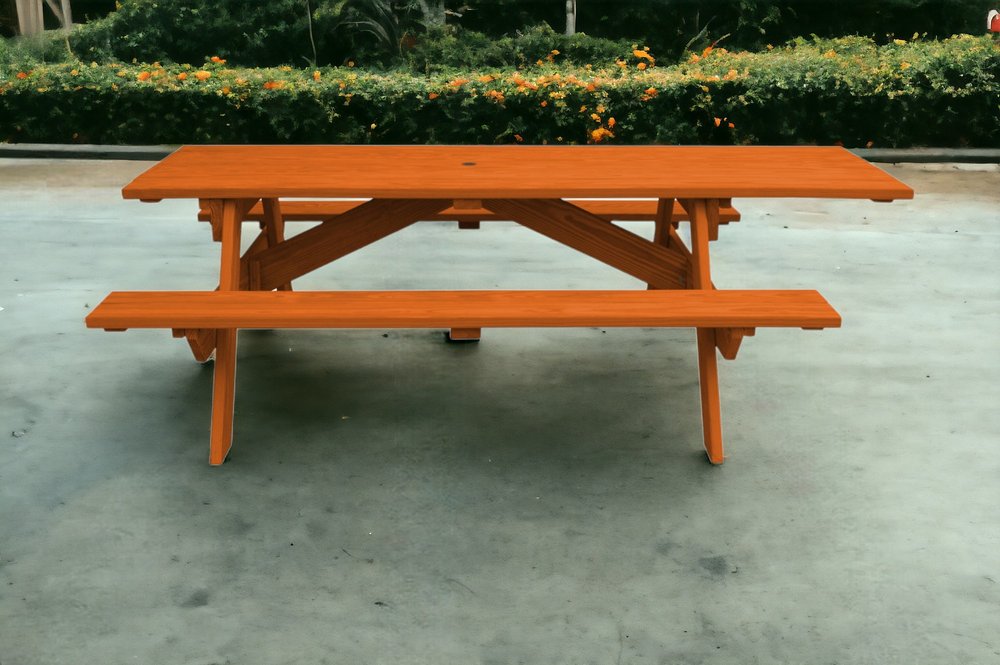 94" Redwood Solid Wood Outdoor Picnic Table with Umbrella Hole HomeRoots